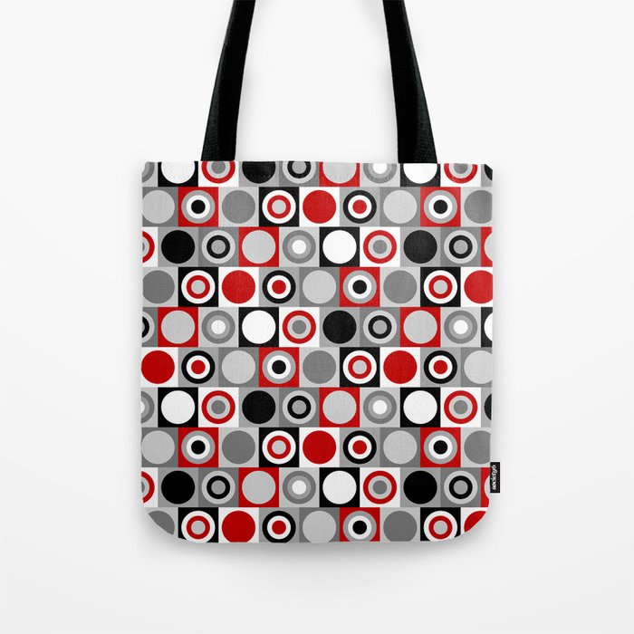 Mid Century Modern Geometric Square and Circle Pattern // Red, Gray, Black and White Tote Bag Gallery Image 1
