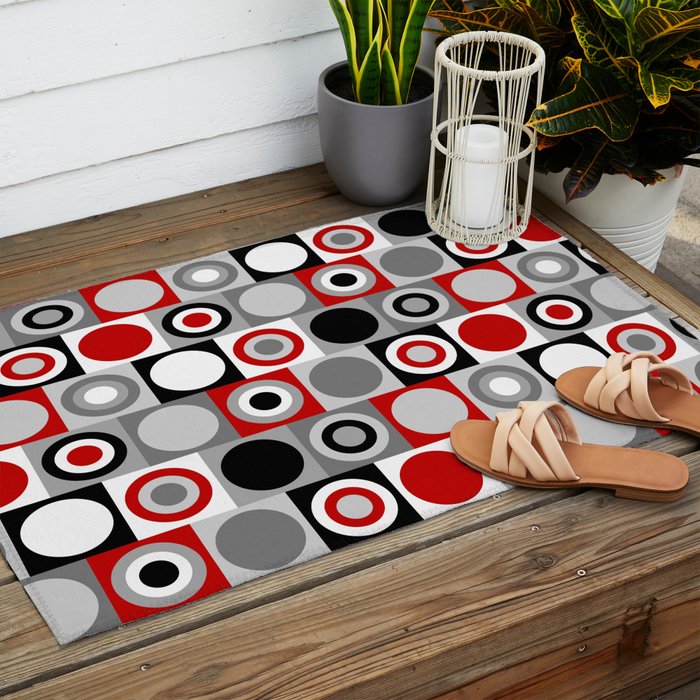 Mid Century Modern Geometric Square and Circle Pattern // Red, Gray, Black and White Outdoor Rug Gallery Image 2