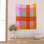 Vibrant Pink and Orange Plaid Abstract Geometric Pattern Wall Tapestry Gallery Image 2