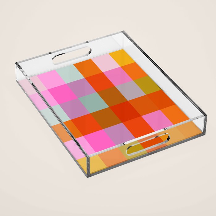 Vibrant Pink and Orange Plaid Abstract Geometric Pattern Acrylic Tray Gallery Image 1