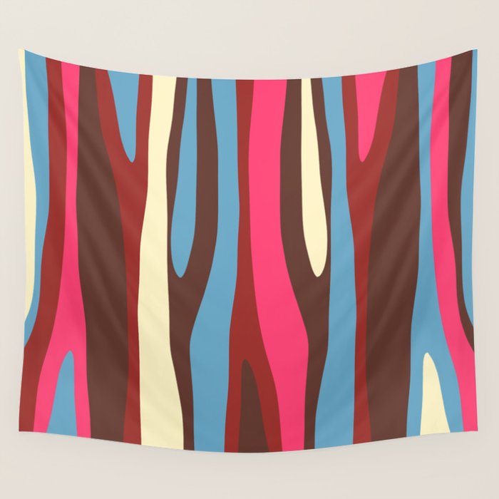 Abstract Wild Stripes Pattern in Pink Maroon Brown Blue Wall Tapestry Gallery Image 4