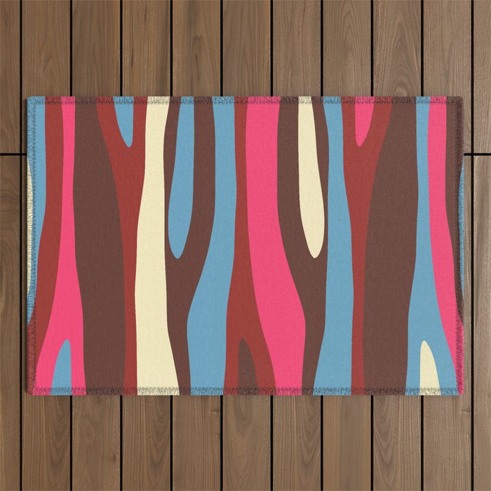 Abstract Wild Stripes Pattern in Pink Maroon Brown Blue Outdoor Rug Gallery Image 1