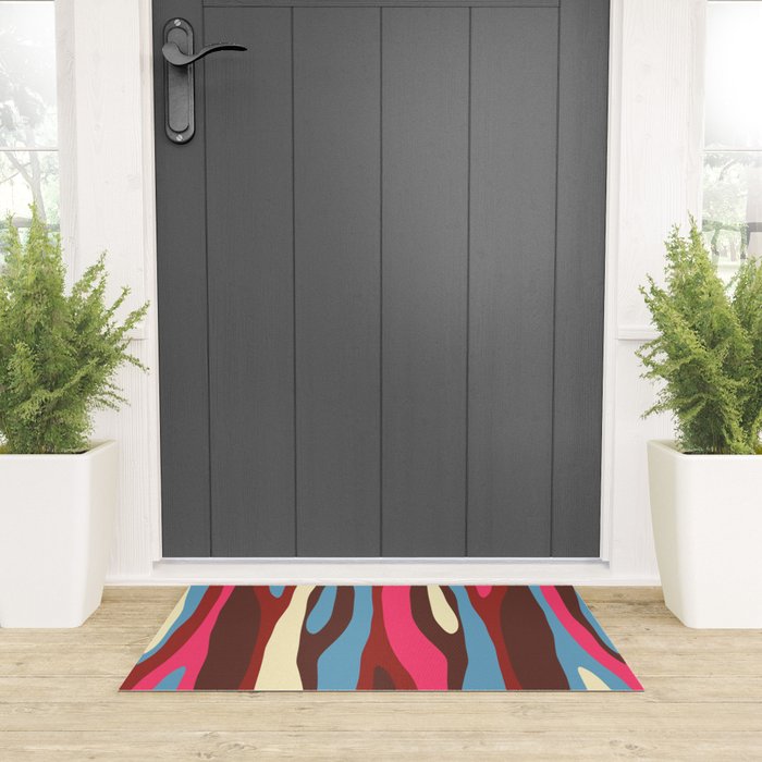 Abstract Wild Stripes Pattern in Pink Maroon Brown Blue Welcome Mat Gallery Image 3