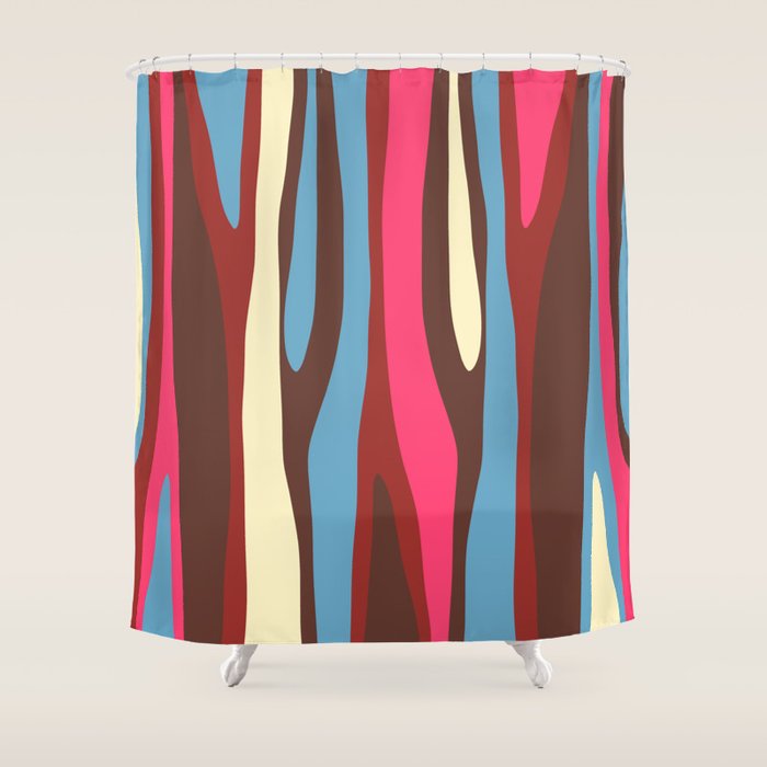 Abstract Wild Stripes Pattern in Pink Maroon Brown Blue Shower Curtain Gallery Image 1