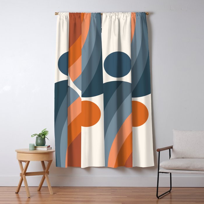Mid Century Modern Geometric Arch a15 in Navy Blue and Orange Window Curtain Gallery Image 1