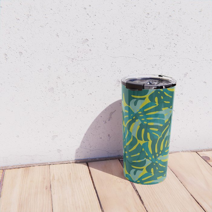 Monstera Leaves in Teal Travel Mug Gallery Image 4