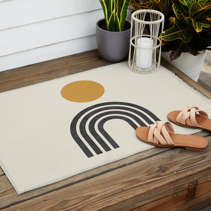 Mid century modern gold sun and black rainbow Outdoor Rug Gallery Image 2