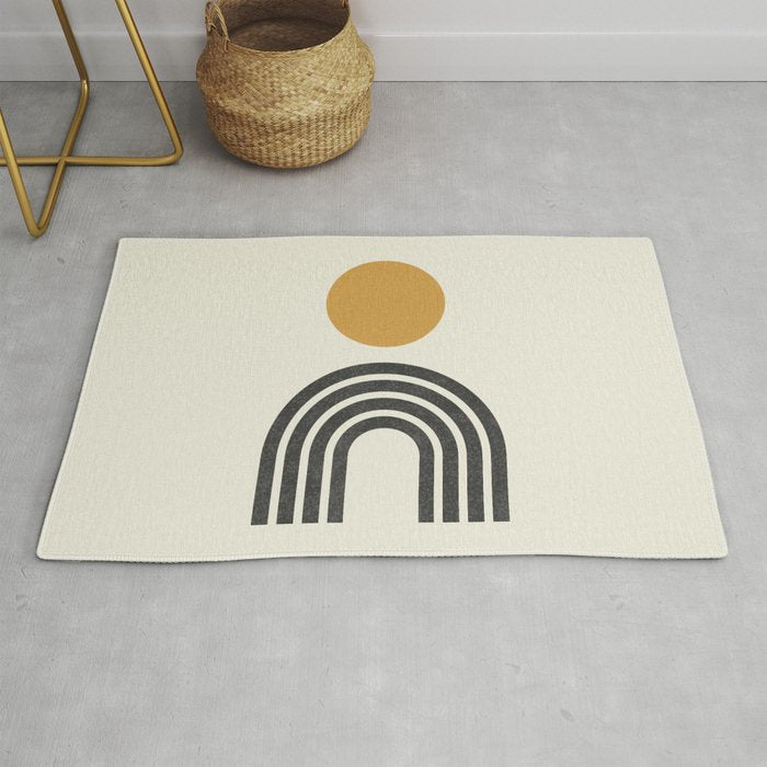 Mid century modern gold sun and black rainbow Rug Gallery Image 1