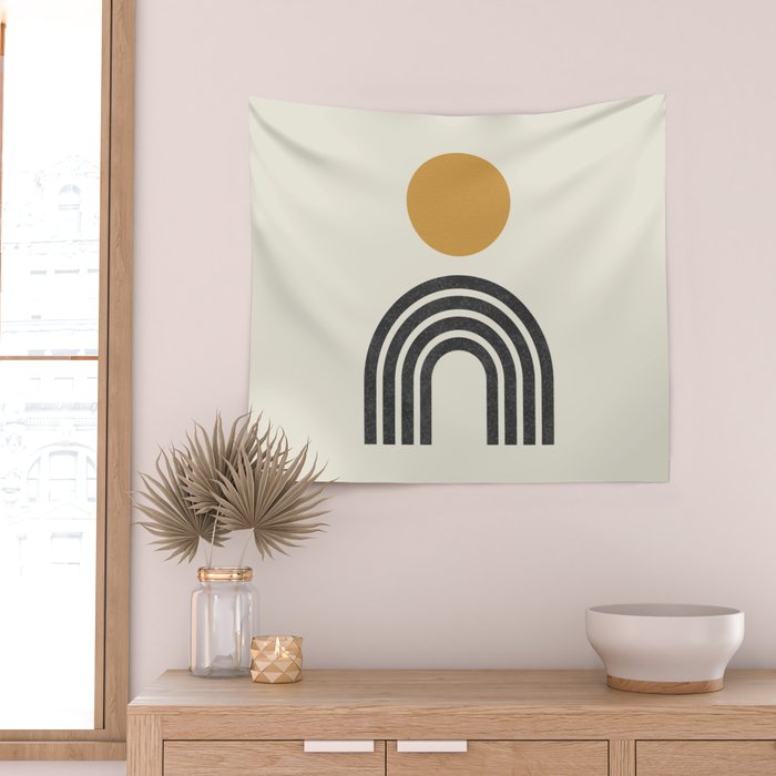 Mid century modern gold sun and black rainbow Wall Tapestry Gallery Image 2