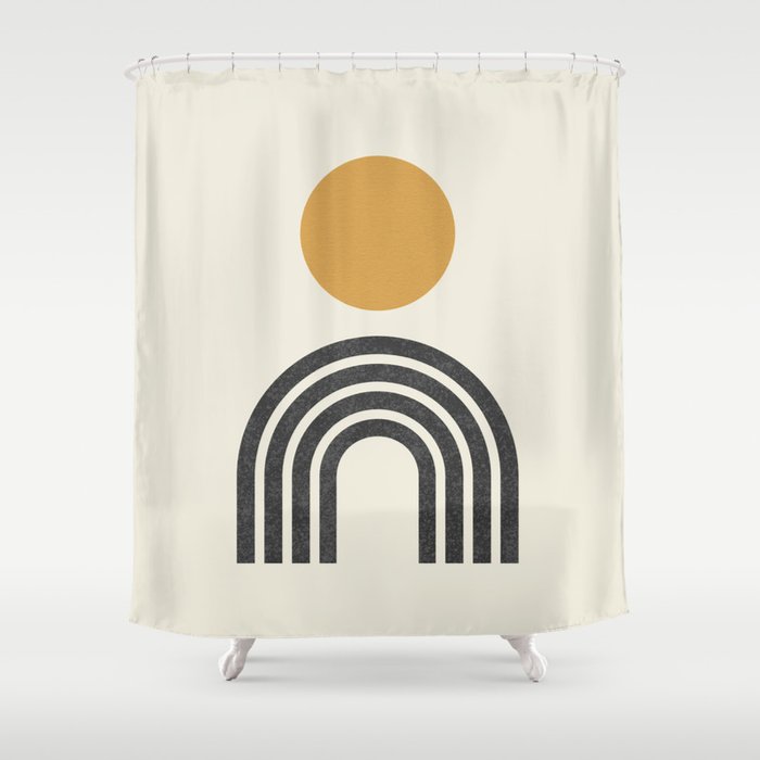 Mid century modern gold sun and black rainbow Shower Curtain Gallery Image 1
