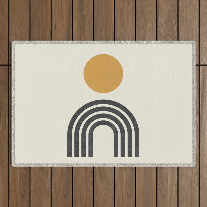 Mid century modern gold sun and black rainbow Outdoor Rug Gallery Image 1
