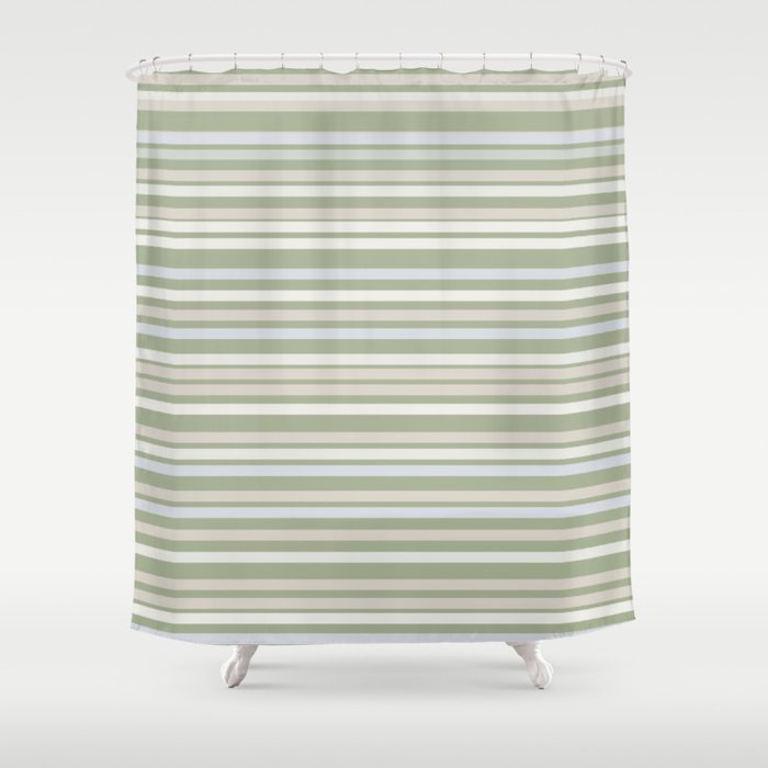Joseph Stripes Fine Stripe Pattern in Sage Green, Light Silver Gray, Beige, and Cream Shower Curtain Gallery Image 1