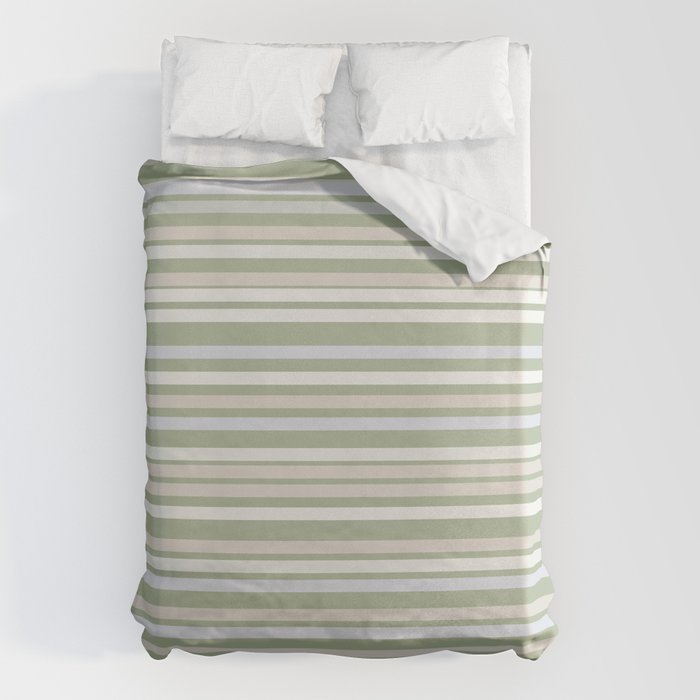 Joseph Stripes Fine Stripe Pattern in Sage Green, Light Silver Gray, Beige, and Cream Duvet Cover Gallery Image 6