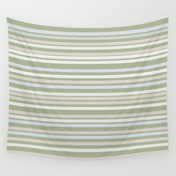 Joseph Stripes Fine Stripe Pattern in Sage Green, Light Silver Gray, Beige, and Cream Wall Tapestry Gallery Image 4