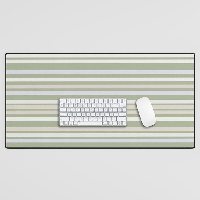 Joseph Stripes Fine Stripe Pattern in Sage Green, Light Silver Gray, Beige, and Cream Desk Mat Gallery Image 1