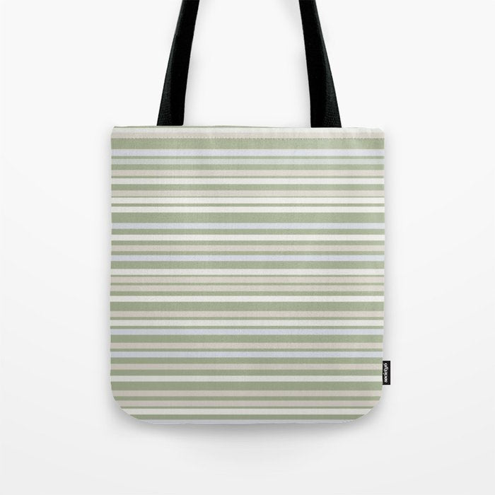 Joseph Stripes Fine Stripe Pattern in Sage Green, Light Silver Gray, Beige, and Cream Tote Bag Gallery Image 1