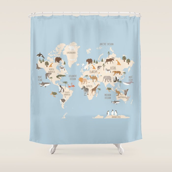 Illustrated Animal World Map Shower Curtain Gallery Image 1