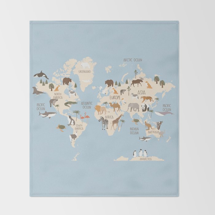 Illustrated Animal World Map Throw Blanket Gallery Image 2