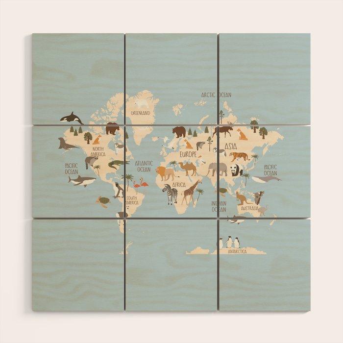 Illustrated Animal World Map Wood Wall Art Gallery Image 1