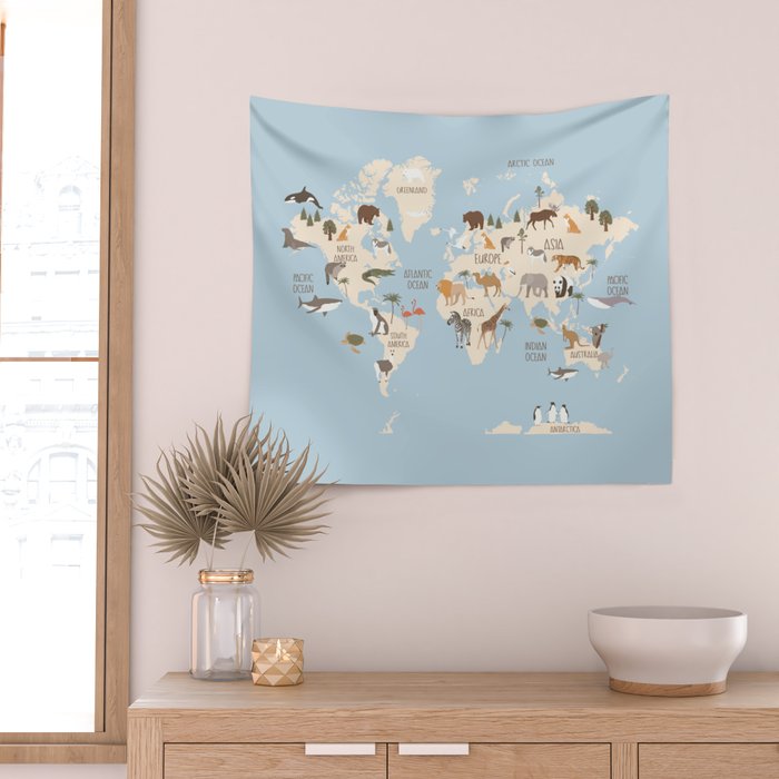 Illustrated Animal World Map Wall Tapestry Gallery Image 2
