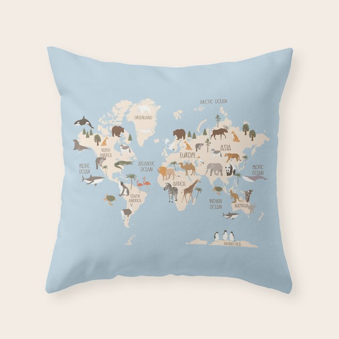 Illustrated Animal World Map Throw Pillow Gallery Image 6