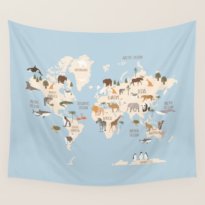 Illustrated Animal World Map Wall Tapestry Gallery Image 1