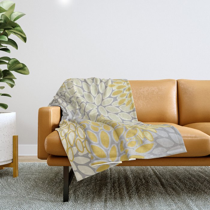 Floral Prints, Soft Yellow and Gray, Modern Print Art Throw Blanket Gallery Image 1