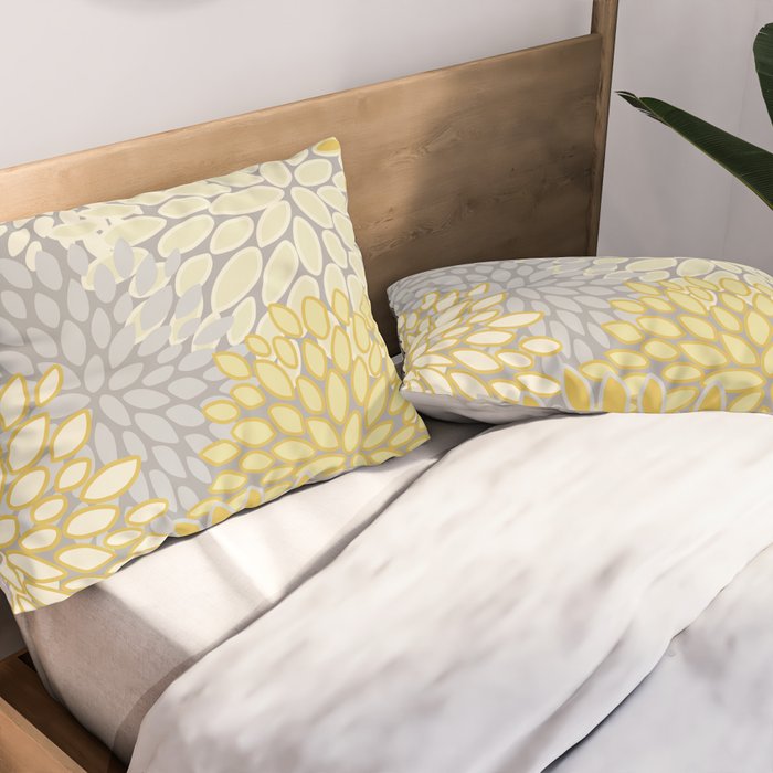 Floral Prints, Soft Yellow and Gray, Modern Print Art Pillow Sham Gallery Image 2