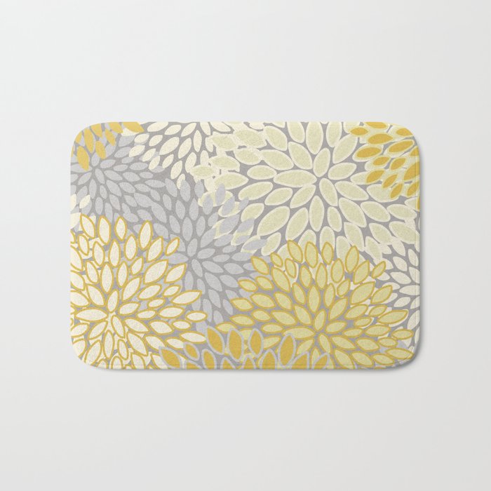Floral Prints, Soft Yellow and Gray, Modern Print Art Bath Mat Gallery Image 1