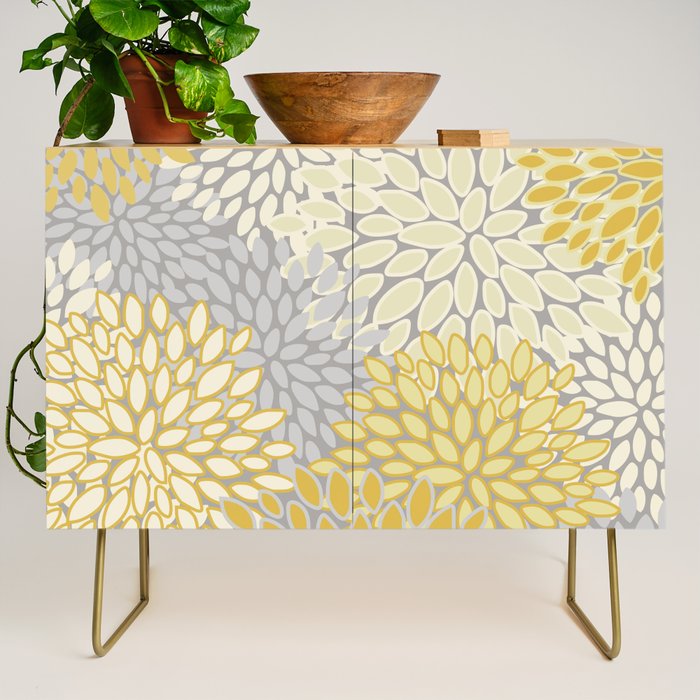 Floral Prints, Soft Yellow and Gray, Modern Print Art Credenza Gallery Image 1