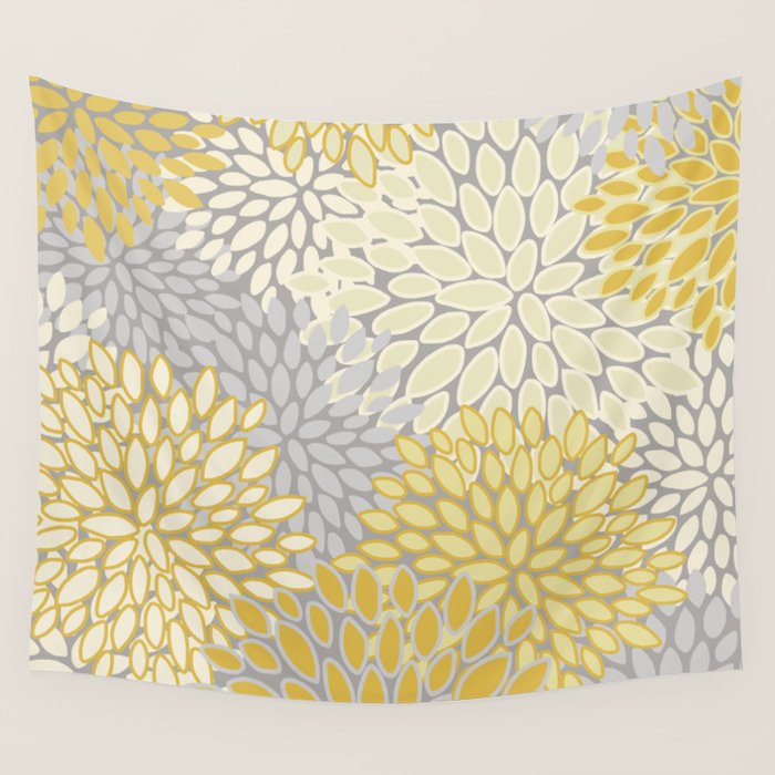 Floral Prints, Soft Yellow and Gray, Modern Print Art Wall Tapestry Gallery Image 4