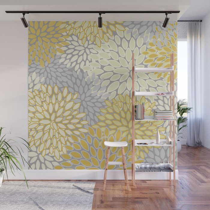Floral Prints, Soft Yellow and Gray, Modern Print Art Wall Mural Gallery Image 1