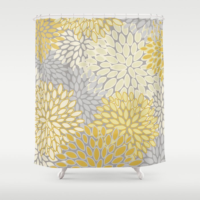 Floral Prints, Soft Yellow and Gray, Modern Print Art Shower Curtain Gallery Image 1