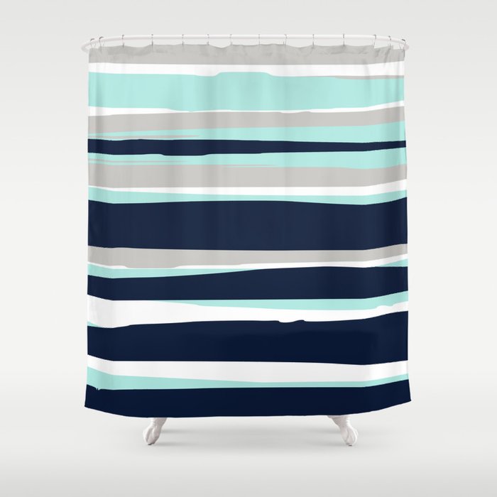 Ocean, Stripe Abstract Pattern, Navy, Aqua, Gray Shower Curtain Gallery Image 1