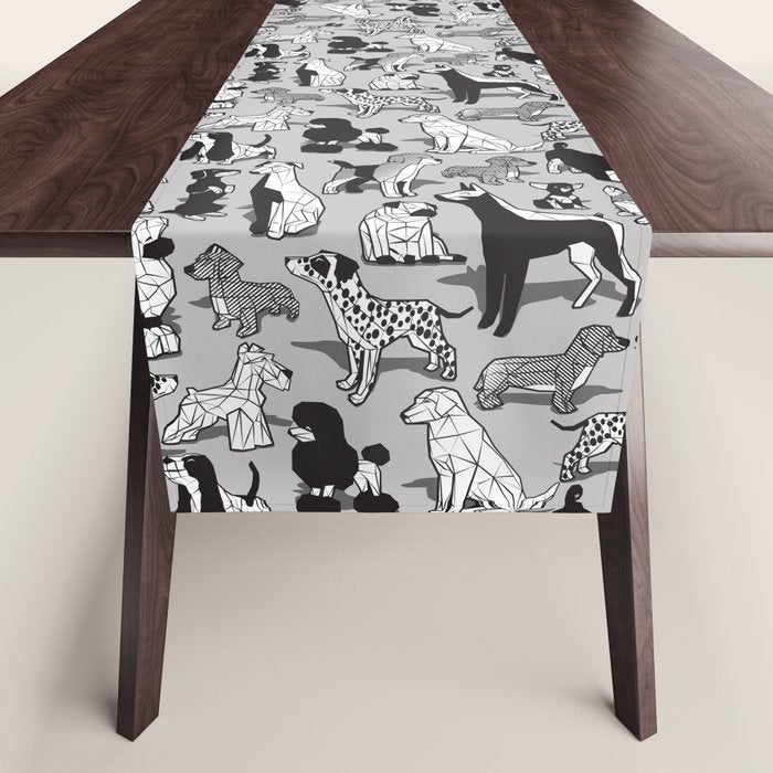Geometric sweet wet noses // grey background black and white dogs Table Runner Gallery Image 1