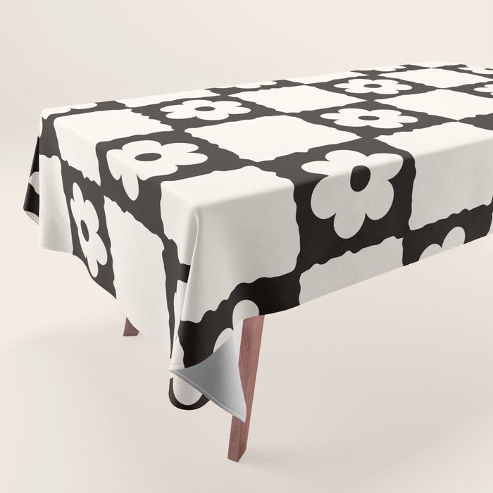 Retro Flower Checker in Black&White Tablecloth Gallery Image 1