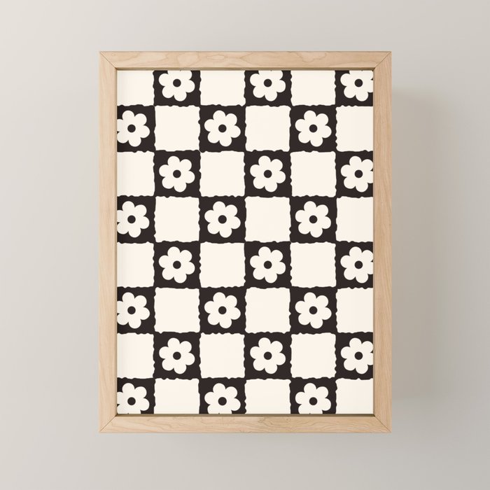 Retro Flower Checker in Black&White Mini Art Print Gallery Image 1