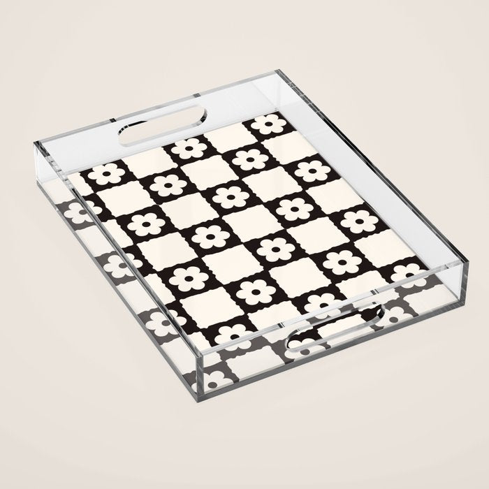 Retro Flower Checker in Black&White Acrylic Tray Gallery Image 1
