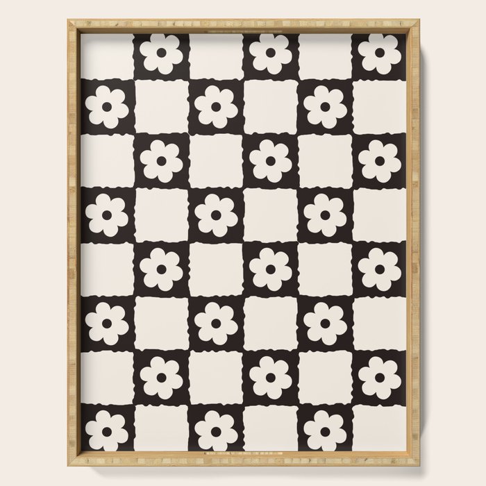 Retro Flower Checker in Black&White Serving Tray Gallery Image 1
