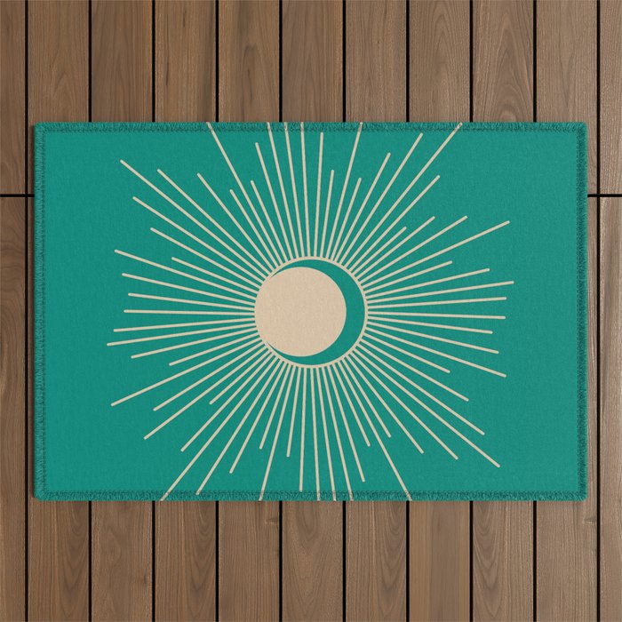 Sun and Moon - Mid Century Modern Minimalism in Mid Mod Teal and Beige Outdoor Rug Gallery Image 1