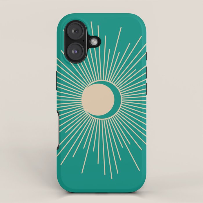 Sun and Moon - Mid Century Modern Minimalism in Mid Mod Teal and Beige iPhone Case Gallery Image 1