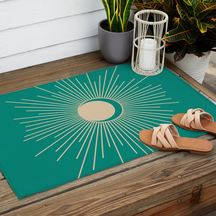Sun and Moon - Mid Century Modern Minimalism in Mid Mod Teal and Beige Outdoor Rug Gallery Image 2