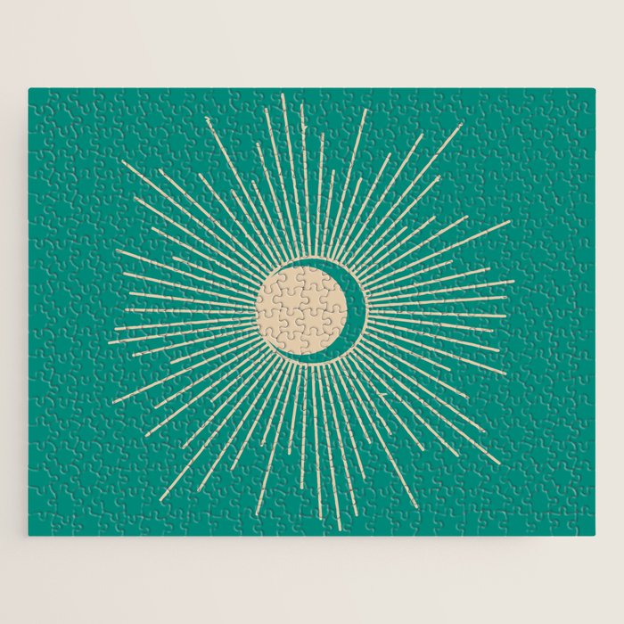 Sun and Moon - Mid Century Modern Minimalism in Mid Mod Teal and Beige Jigsaw Puzzle Gallery Image 1