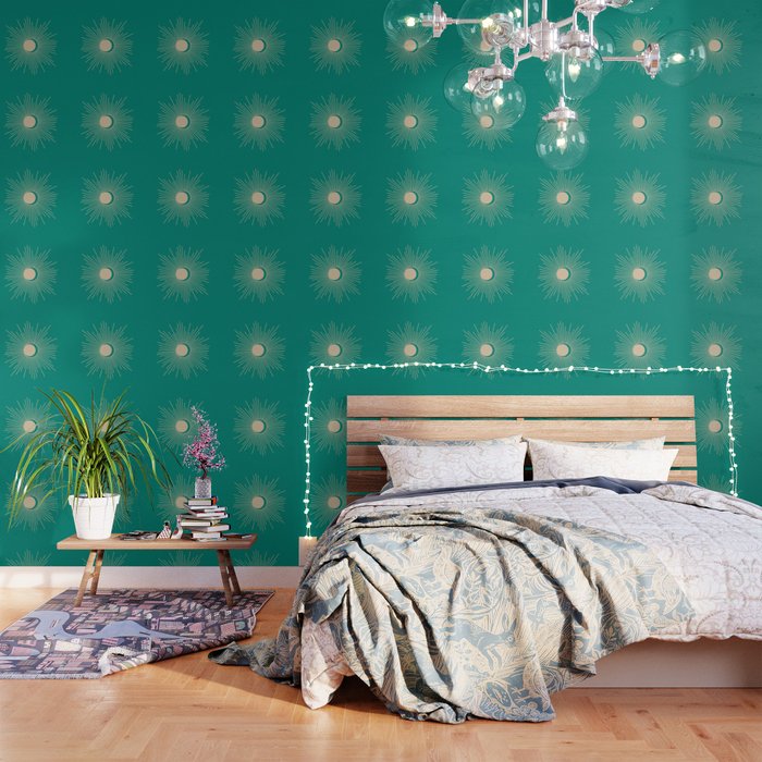 Sun and Moon - Mid Century Modern Minimalism in Mid Mod Teal and Beige Wallpaper Gallery Image 1