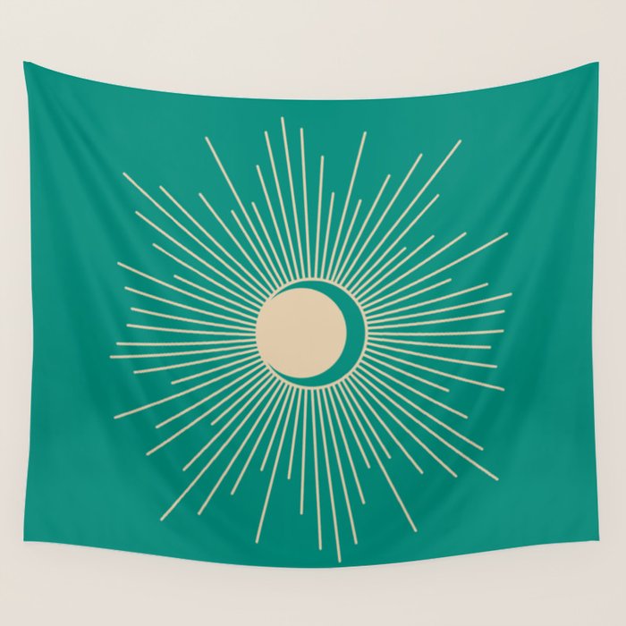 Sun and Moon - Mid Century Modern Minimalism in Mid Mod Teal and Beige Wall Tapestry Gallery Image 1