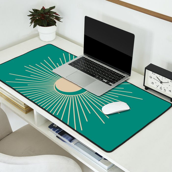 Sun and Moon - Mid Century Modern Minimalism in Mid Mod Teal and Beige Desk Mat Gallery Image 2