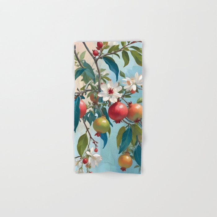 Pomegranate Sweetness, Botanical Vintage Illustration, Jungle Forest Plants Fruits, Food Blossom Garden Painting Bath Towel Gallery Image 1