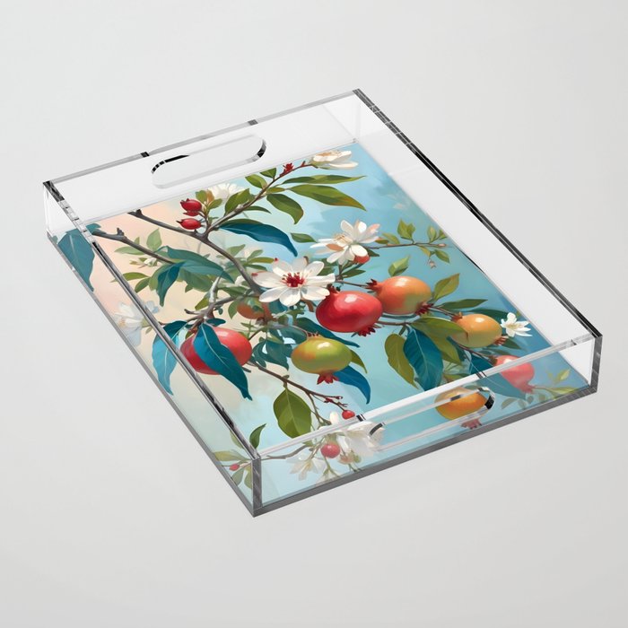 Pomegranate Sweetness, Botanical Vintage Illustration, Jungle Forest Plants Fruits, Food Blossom Garden Painting Acrylic Tray Gallery Image 1