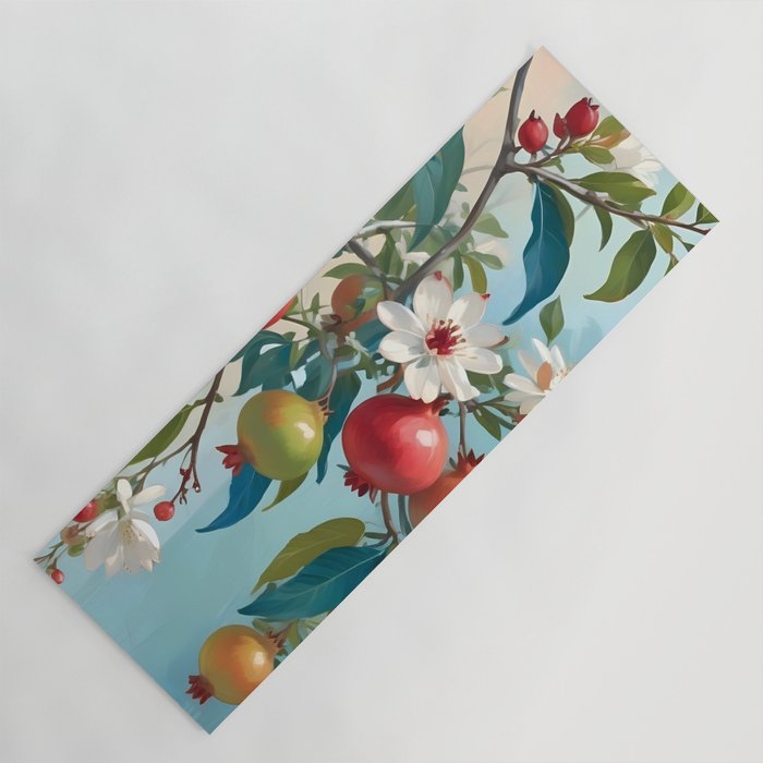 Pomegranate Sweetness, Botanical Vintage Illustration, Jungle Forest Plants Fruits, Food Blossom Garden Painting Yoga Mat Gallery Image 1