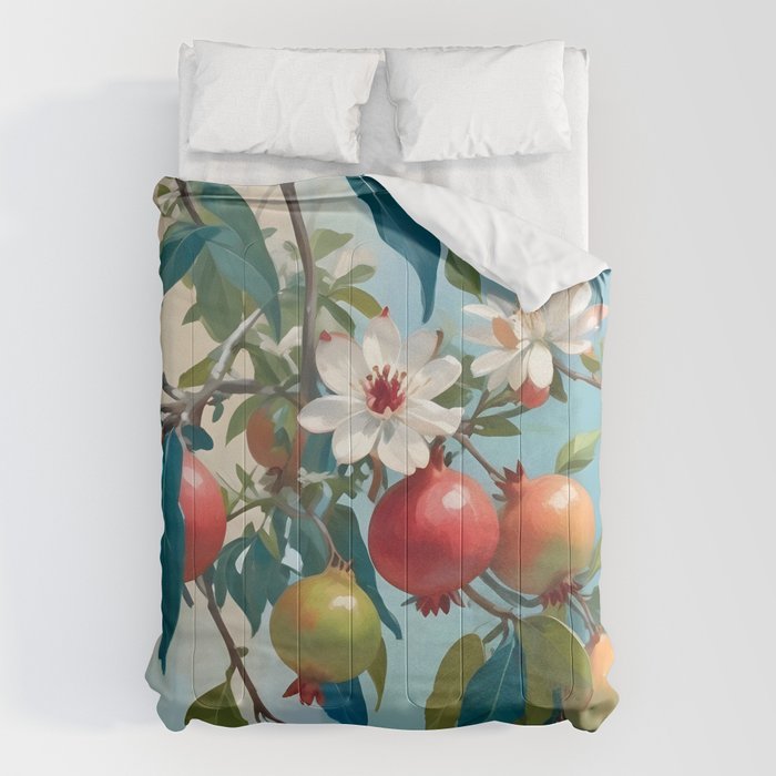 Pomegranate Sweetness, Botanical Vintage Illustration, Jungle Forest Plants Fruits, Food Blossom Garden Painting Comforter Gallery Image 6